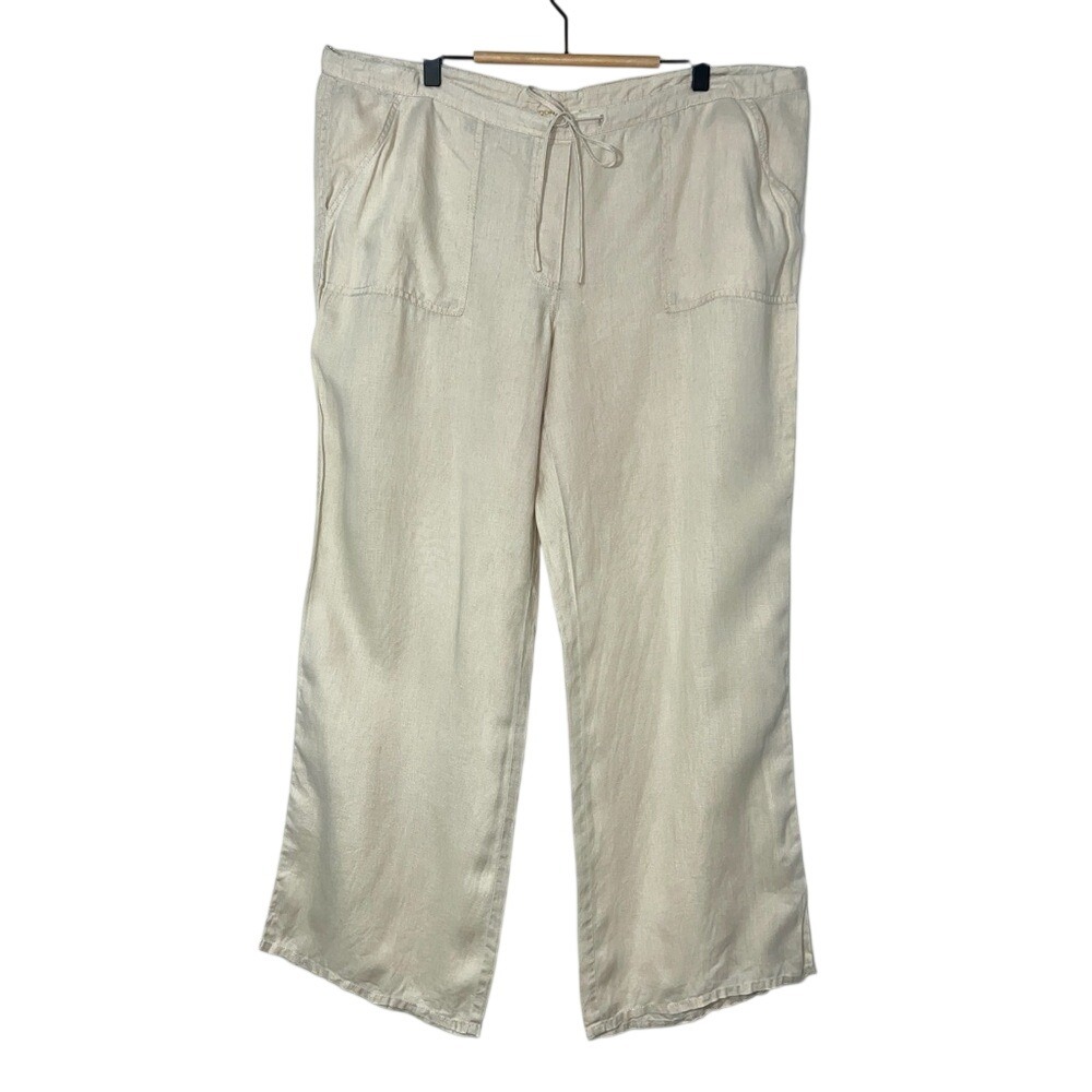 London Jean Linen Pants Beige Chino Wide Leg DrawstringWoman's L Casual Coastal